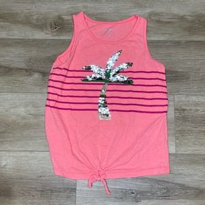Cat & Jack Girl's Pink/Silver Sequin Palm Tree Tie Front Tank Top sz L (10/12)